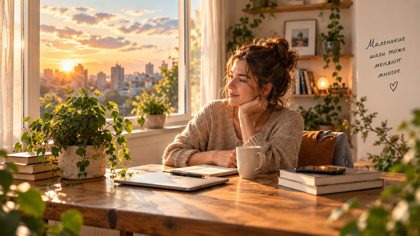 A woman in a warm home interior pausing with a cup and looking out the window